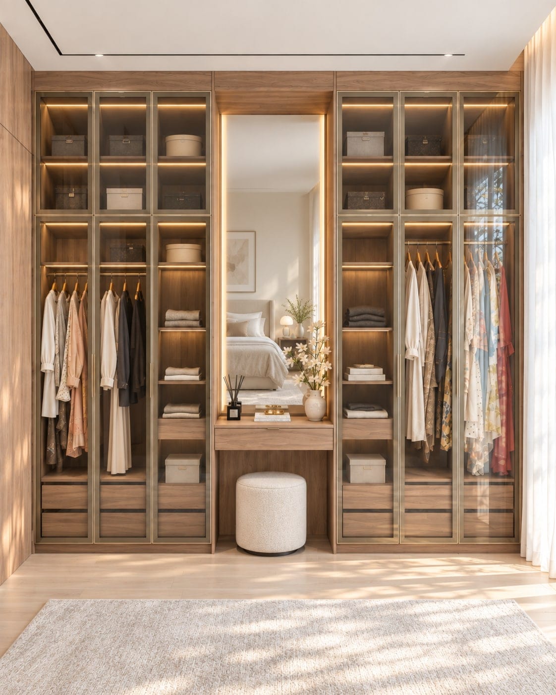 Walk-in closet with lit open shelving on both sides of a full-height mirror