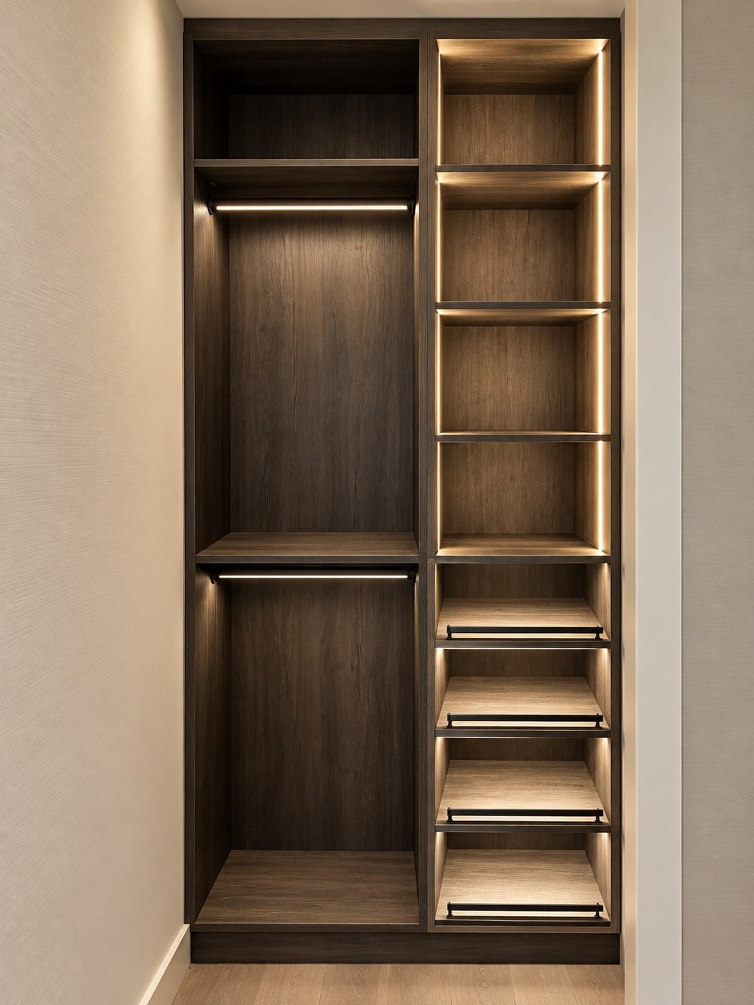 Dark wood closet tower with lit shelves beside a hanging section