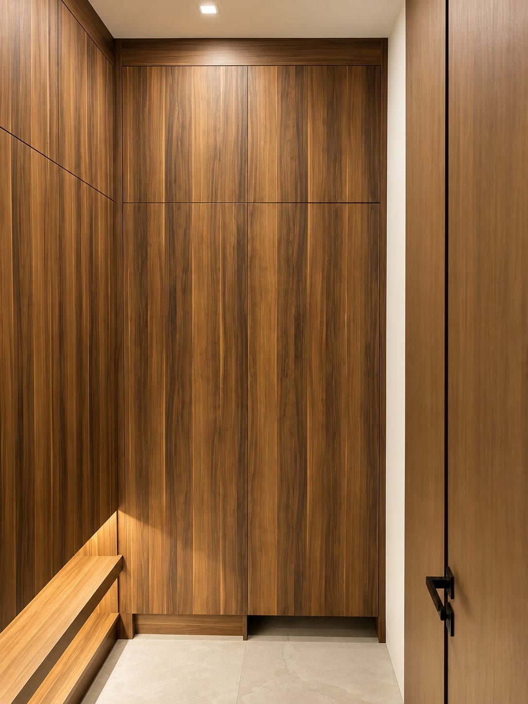 Walnut entry wall unit with a lit bench and flush doors
