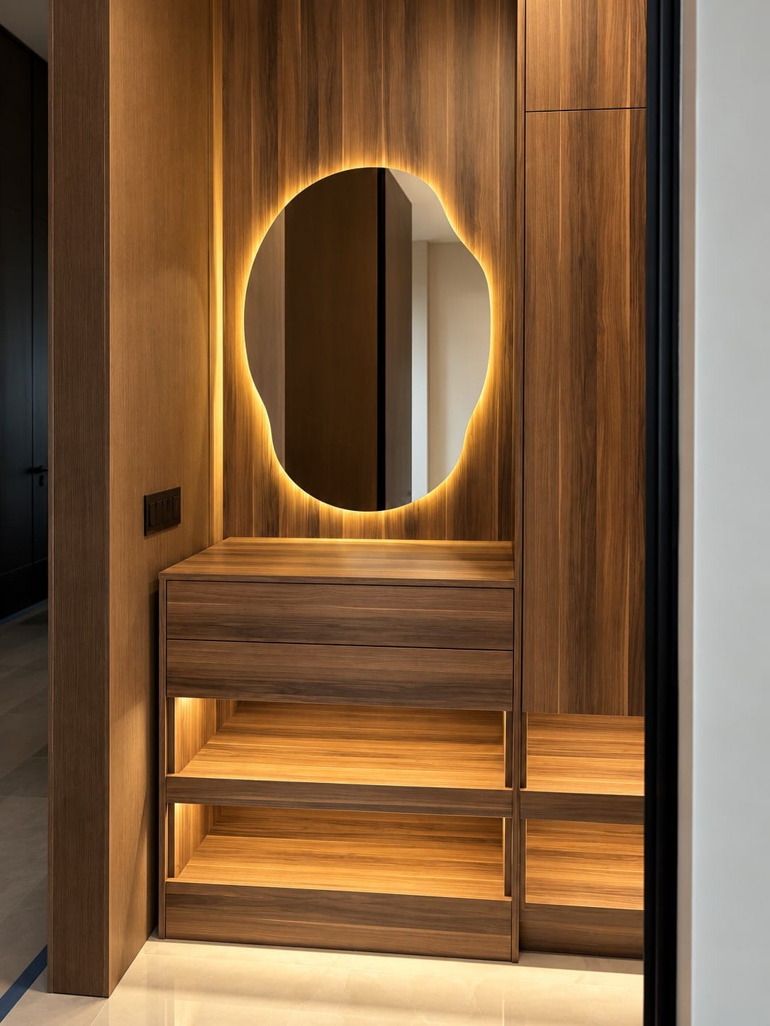 Walnut vanity wall with a backlit organic mirror and lit open shelves