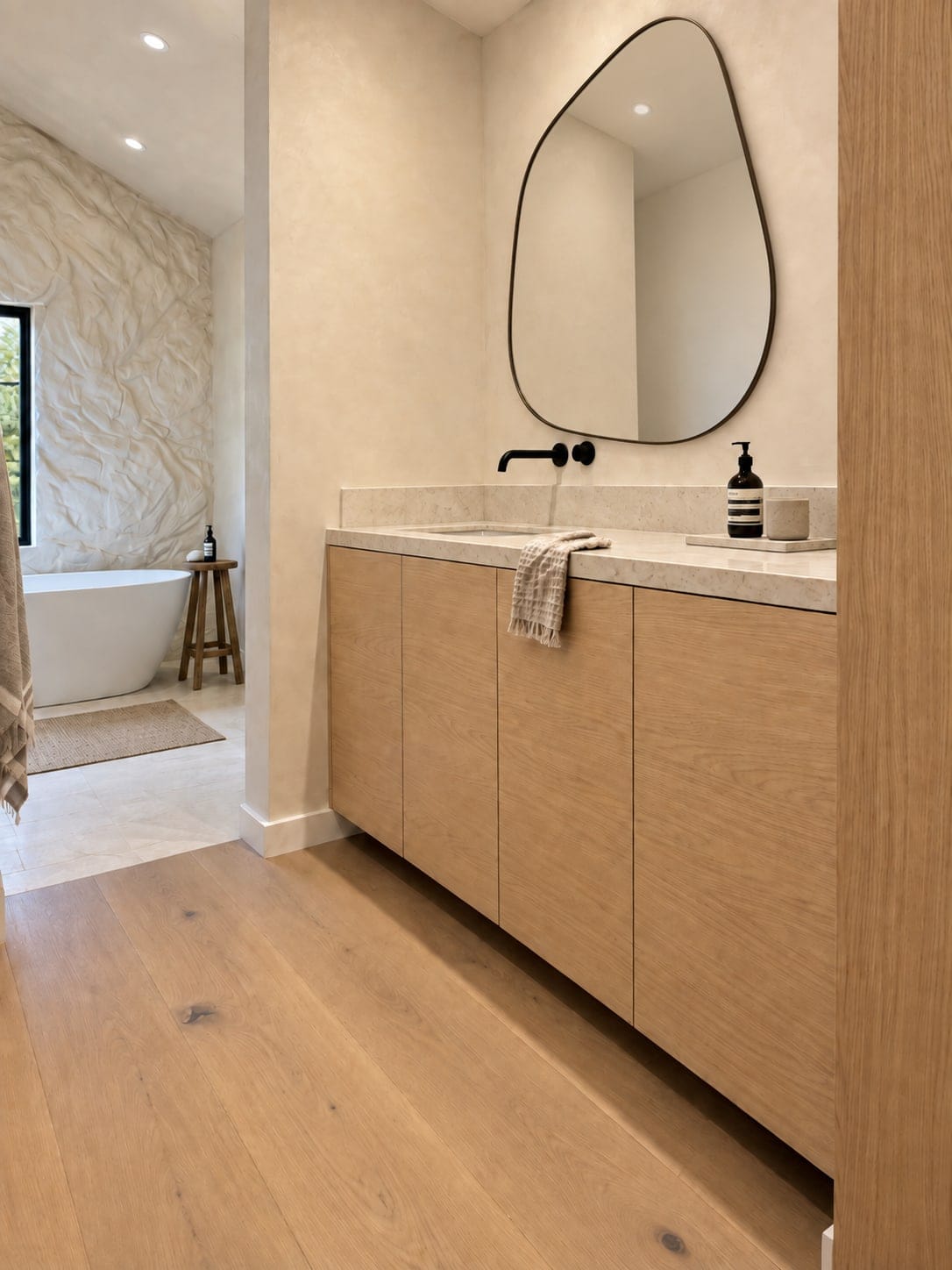 Bathroom vanity in natural oak beneath a sculptural mirror