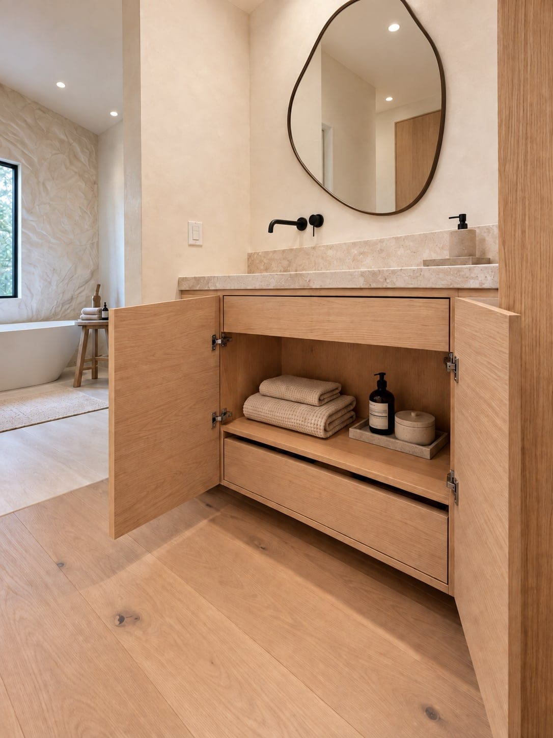 Oak vanity with a door open to show the drawer inside