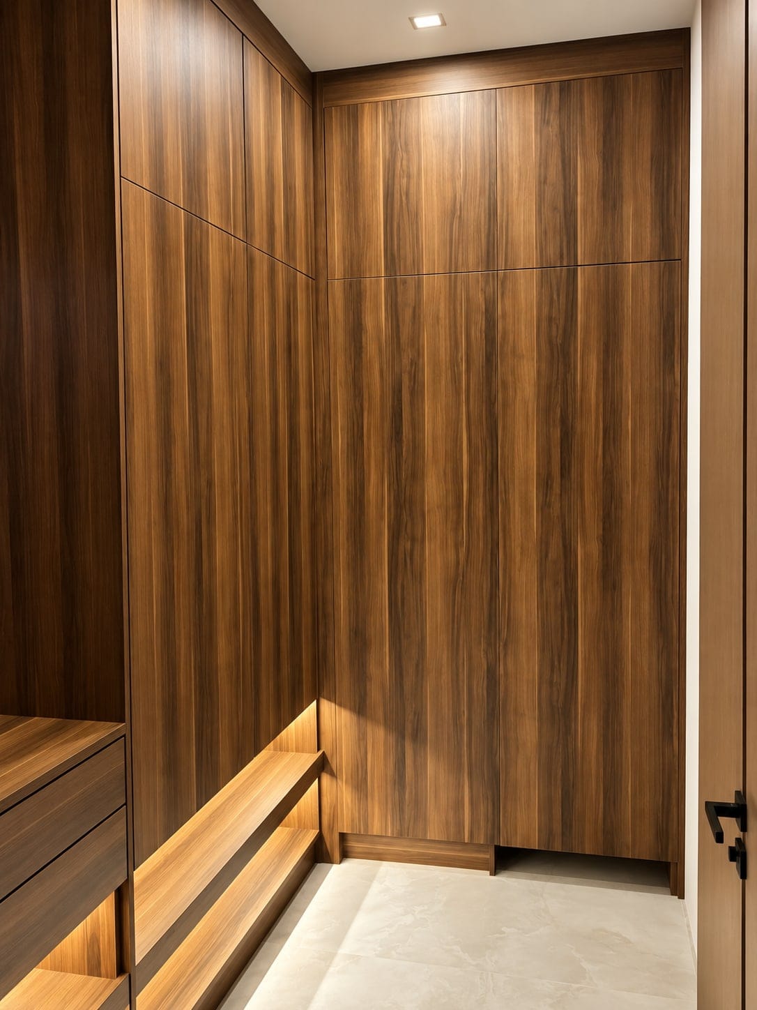 Floor-to-ceiling walnut wall unit with flush doors and a lit bench