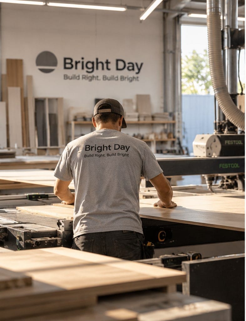 Bright Day cabinetmaker at a workbench in front of the Bright Day sign
