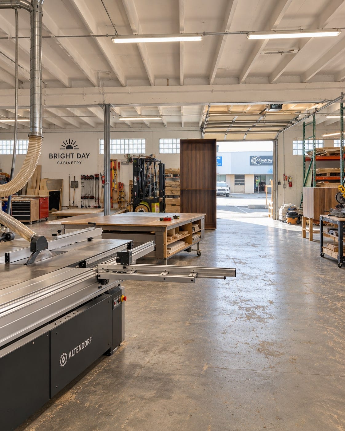 The Bright Day workshop with a panel saw and cabinets in progress