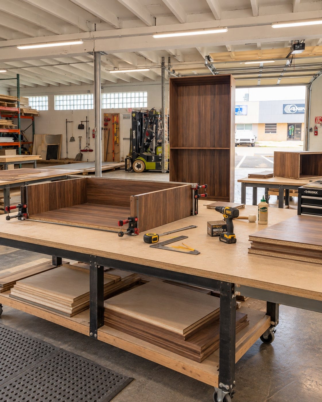 A cabinet carcass being assembled on a workbench in the workshop