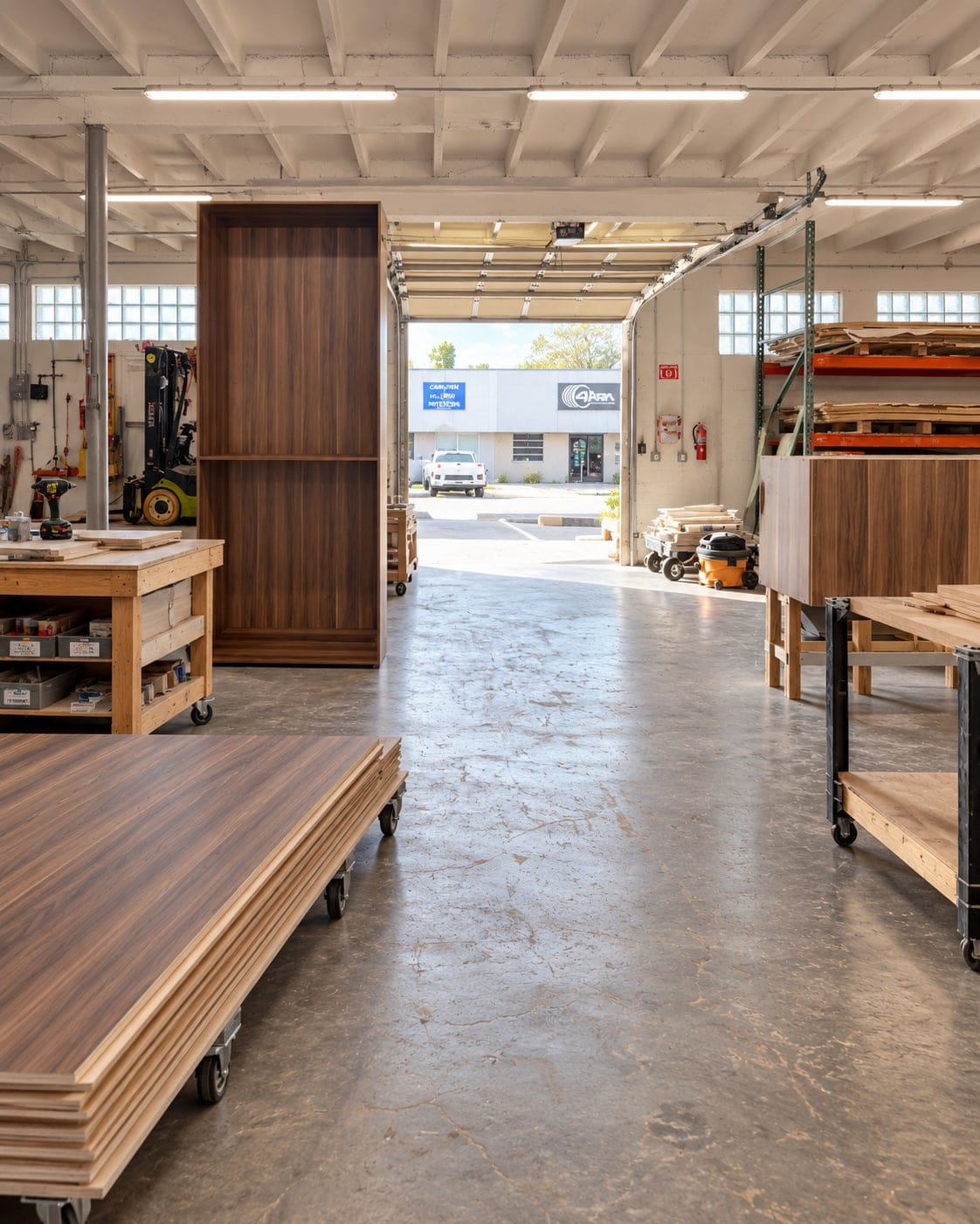Workshop floor with finished walnut panels on a cart